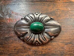 Antique Rasmus Bjørn Halvordersen Malachite 900S Silver Brooch 2.5 inch